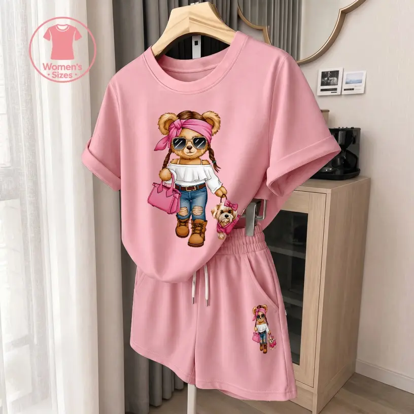 Women's Cartoon Bear Graphic Short Sleeve T-Shirt And Shorts Set, Casual Summer Two-Piece Outfit With Crew Neck Top And Drawstring Waist Shorts For Daily Wear