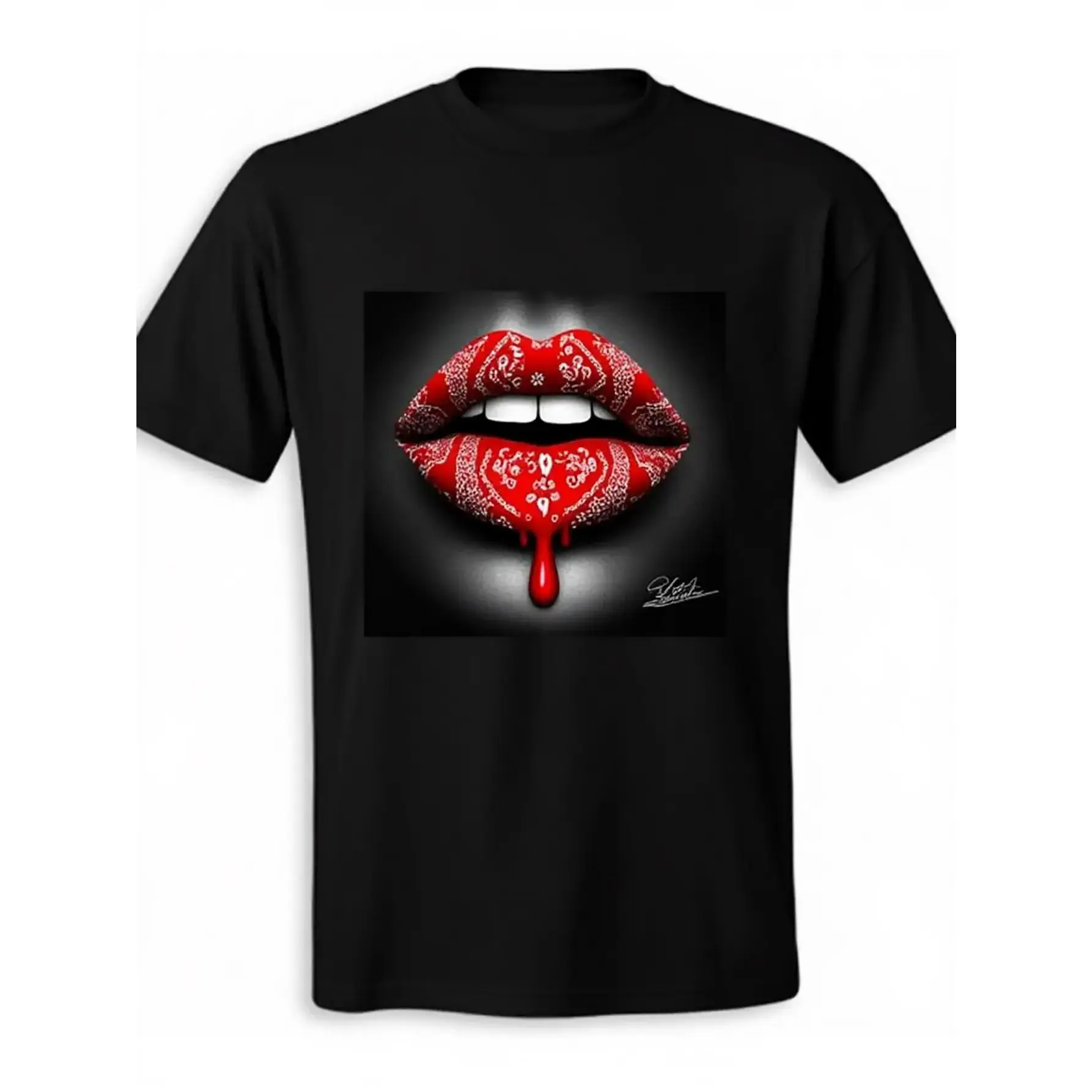 Men's Black  Cotton Red Lips & Bandana Graphic T-Shirt - Bold White Drip Lip Print, Paisley & Paisley Lip Design, Regular Fit Crew Neck Short Sleeve Casual Summer Tee for Men, Edgy Statement Shirt for Parties & Casual Attire, Soft Premium Quality.