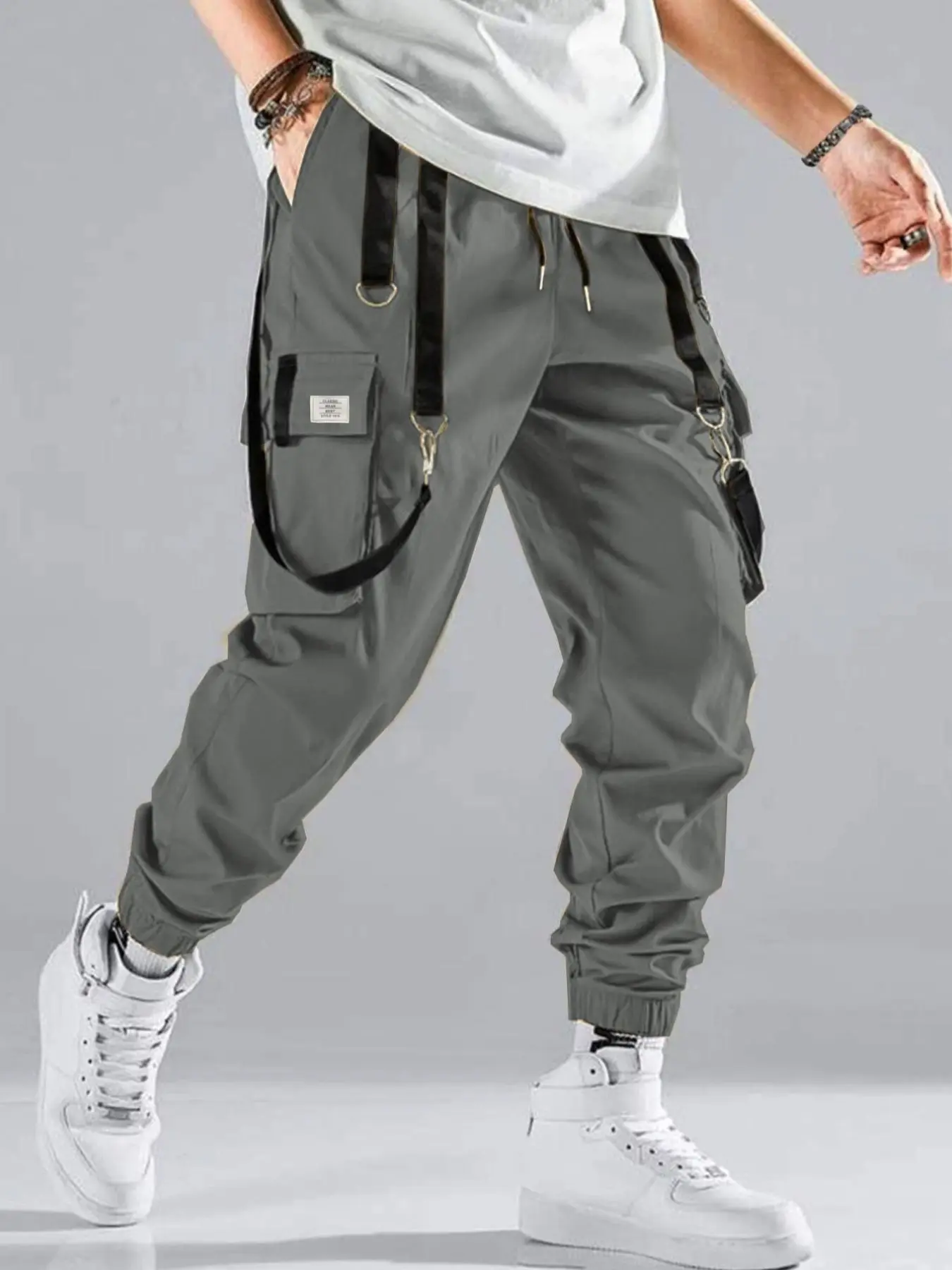 Men's Solid Pocket Drawstring Waist Cargo Pants, Regular Fit Casual Fashion Trousers for Daily Wear, Men's Bottoms for All Seasons, Jogger Cargo Pants