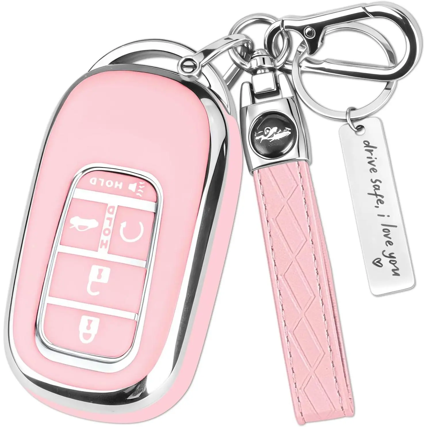 for Honda Key Fob Cover,Key Cover Fit for 2022-2026 Accord Civic CR-V HR-V Pilot Passport Ridgeline, 5 Button TPU Protector Key Fob Case with Keychain Accessories (Silver-Pink)