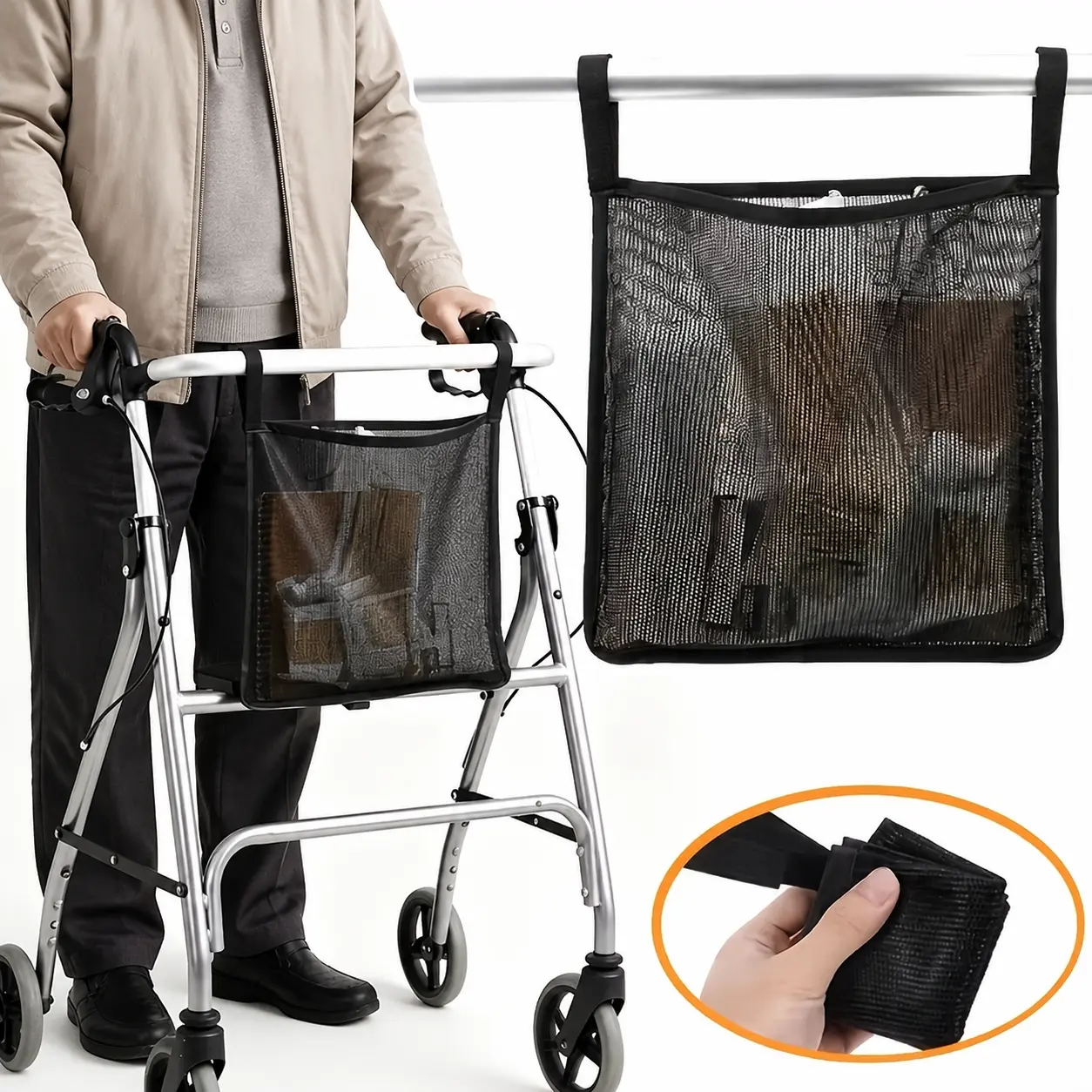 Special storage bag for walking aids, foldable with inner compartment, mesh breathable side storage bag, compatible with walking aid side bars