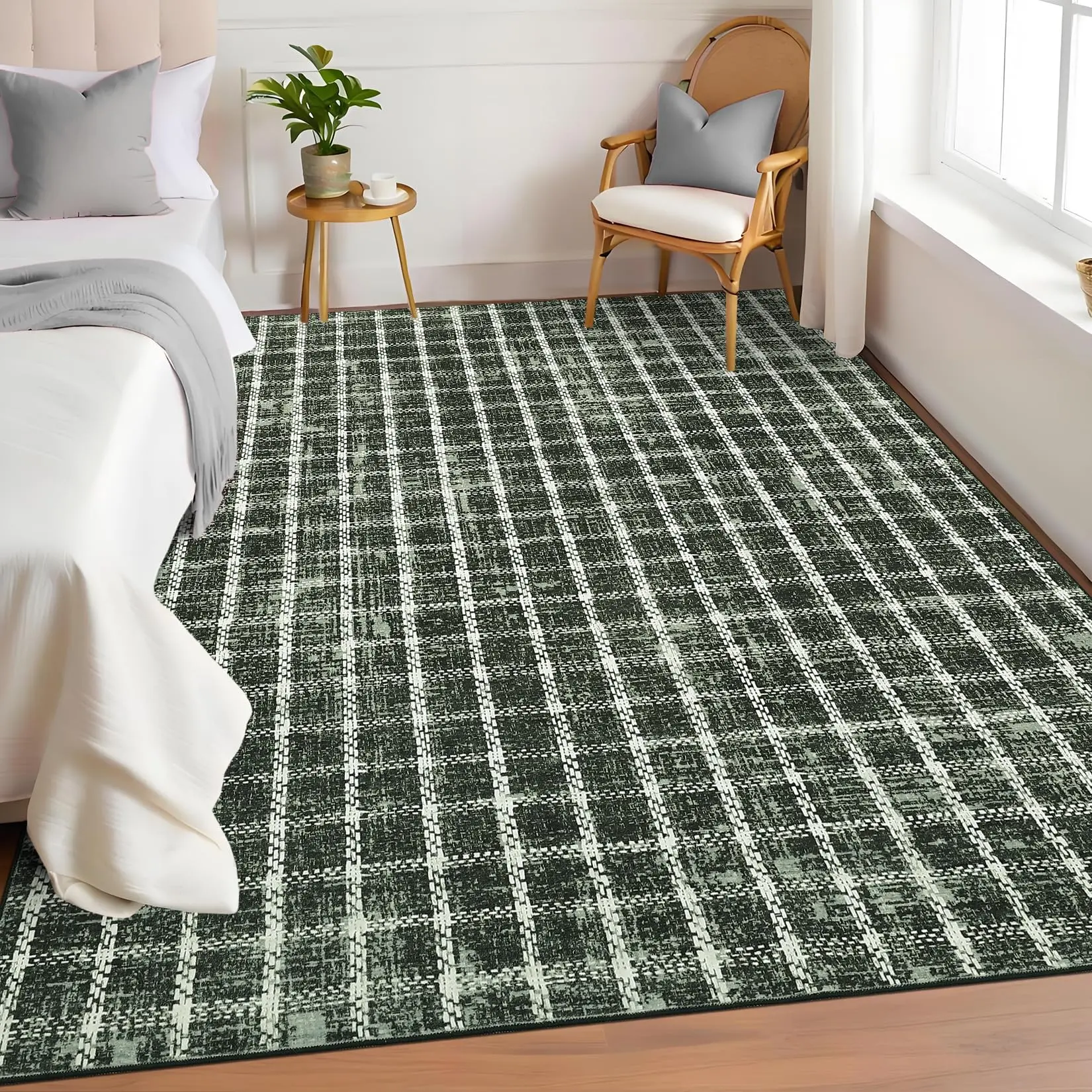 Garvee Green 9x12 Living Room Rugs Washable Non Slip Area Rug for Bedroom Checkered Geometric Print Large Carpet for Dining Room Low Pile Ultra Thin Floor Cover for Nursery Office Apartment