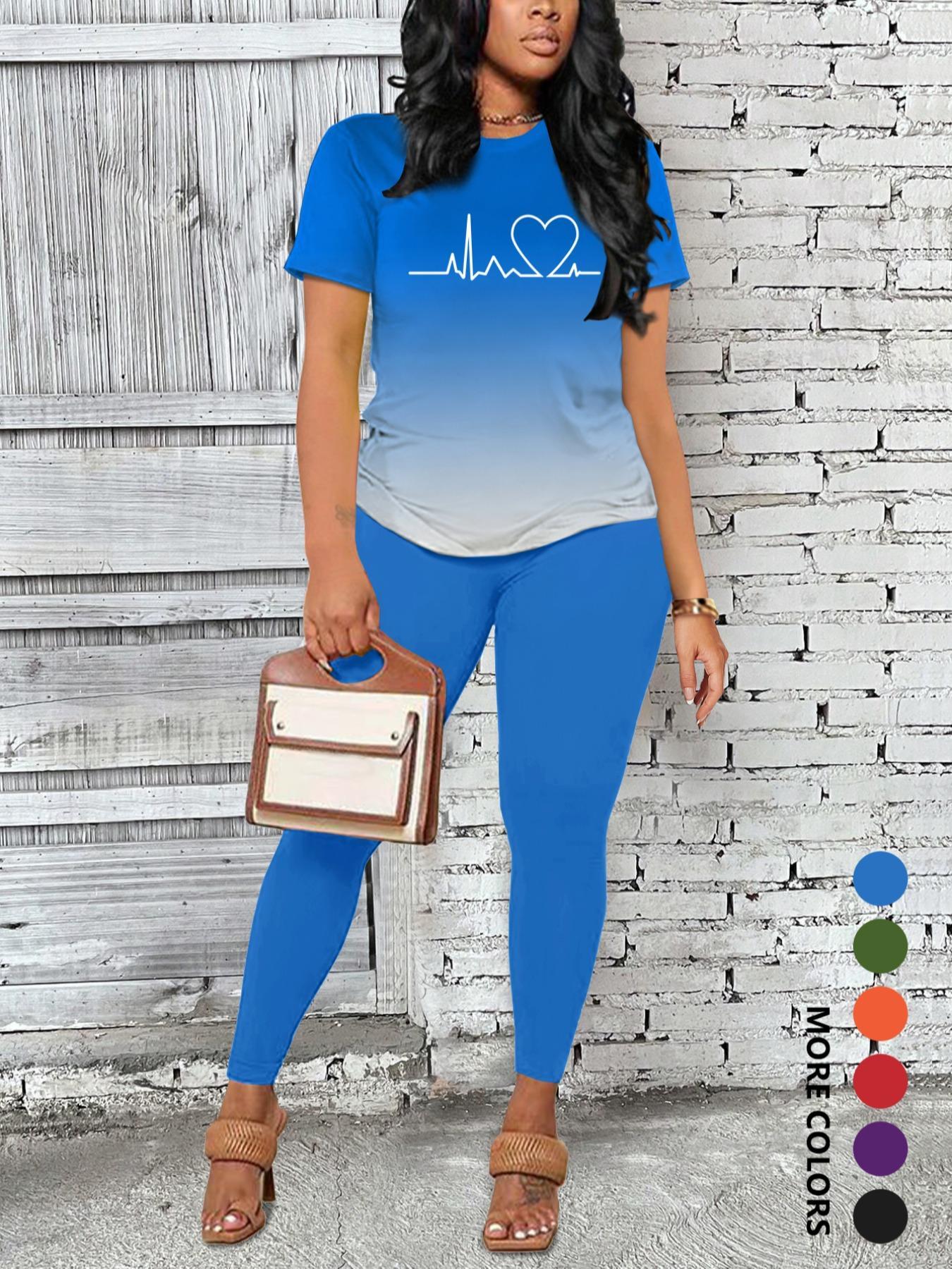 Women's Ombre Gradient Letter Print Short Sleeve Tee & Leggings Set, Casual Round Neck Fitted T-Shirt & Skinny Pants For Daily Wear, Ladies Two-Piece Outfits For All Seasons