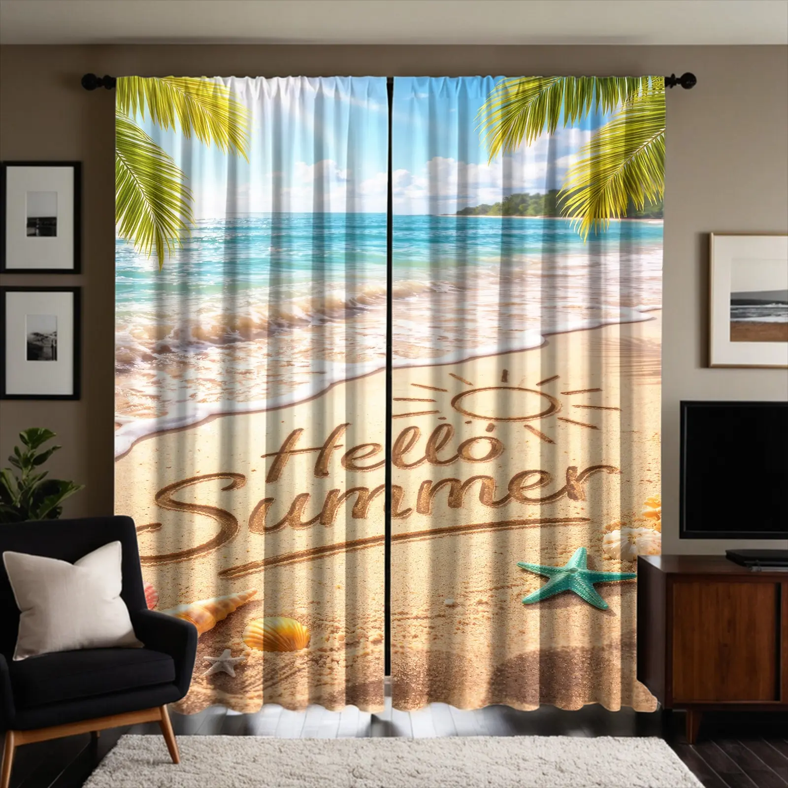 Set of 2 Brushed Fabric Curtains, 'Hello Summer' Words Beach Pattern Curtains, Semi-Transparent & Fade Resistant, Through Rod Pocket Hanging Design, Machine Washable, for Bedroom Living Room