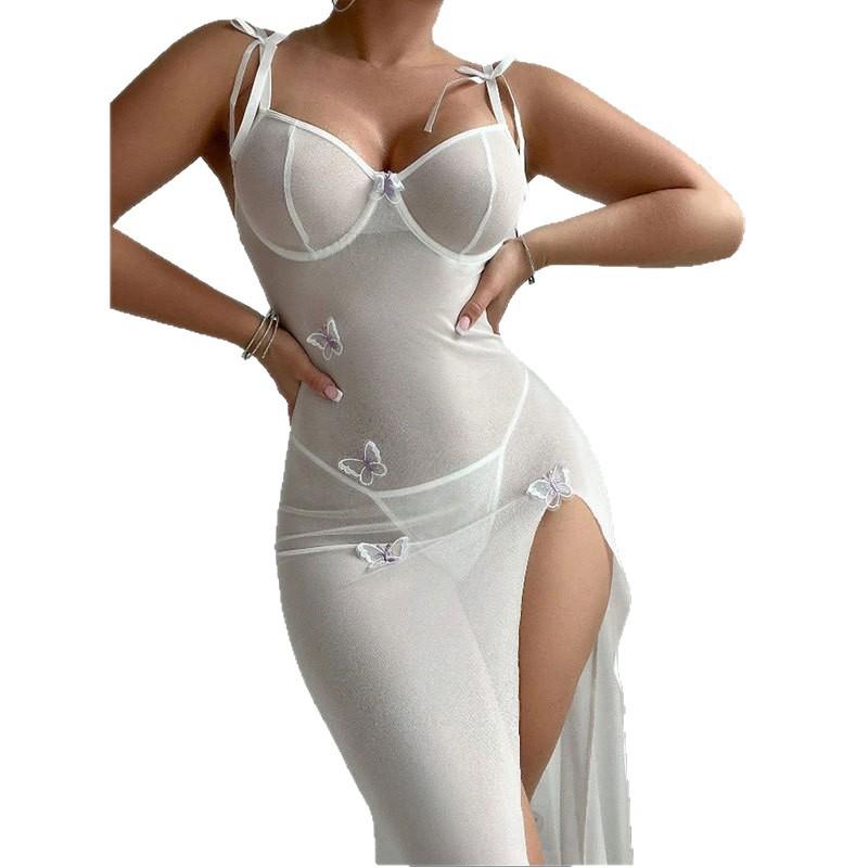 Summer Sexy Sheer Long Dress Tempting Lace High Slit Mesh Dress Casual Womenswear Basic Minimalist Sleeveless Sky Blue Spaghetti Strap anna  woodz  coachella  outfit Formal