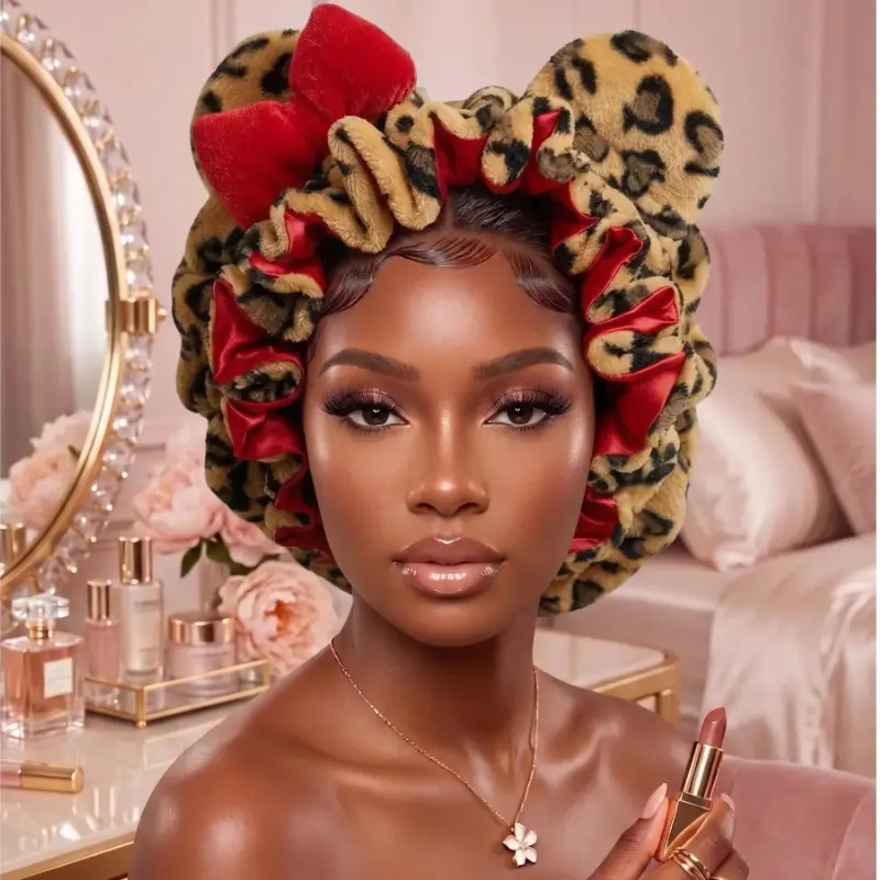Ladies' high quality Leopard satin plush nightcap-double curly night cap, sports headgear, with comfortable elastic band and animal ears