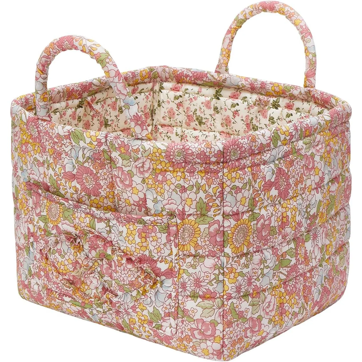 Polyester Quilted Fabric Storage Basket with Handles - Boho Floral Single Organizer Bin, Foldable 12" x 10" x 10" Orange Gifts for Home Decor, Picnics, Travel
