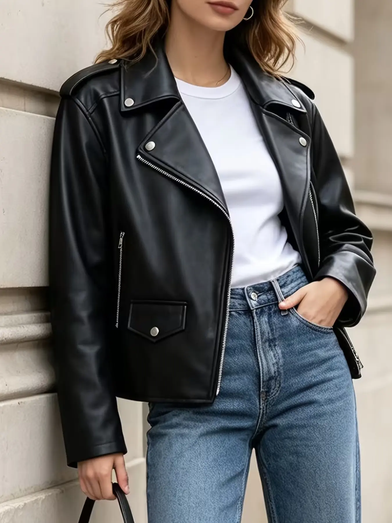 Women's Zip Up Belted PU Leather Motorcycle Jacket, Fashionable Vegan Coat, Perfect for Biking and Daily Wear, Trendy Outerwear for Style Lovers