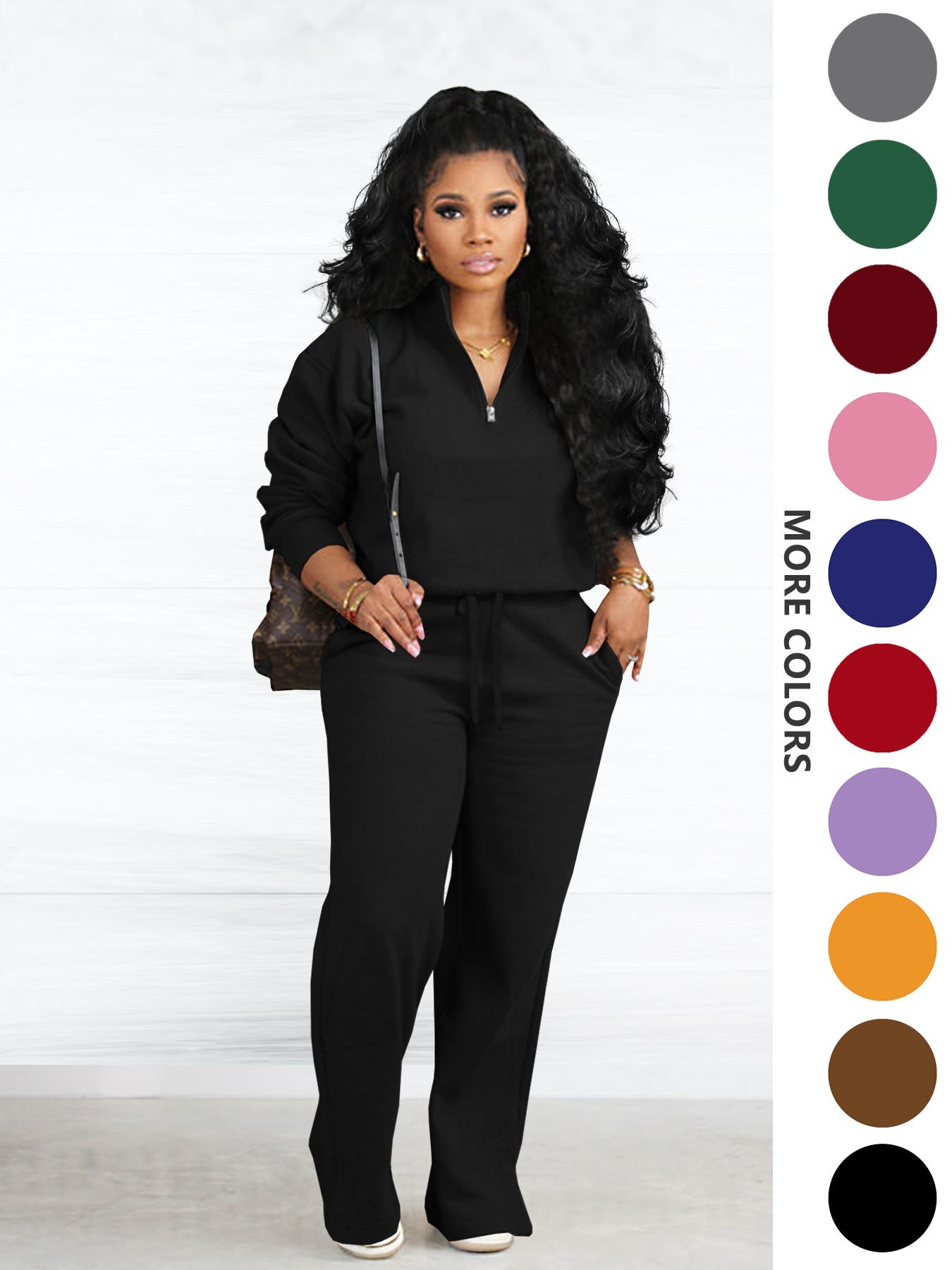 Two-piece Set Women's Solid Zip Up Funnel Neck Sweatshirt & Drawstring Waist Pants, Casual Fashion Cozy Fitted Drop Shoulder Long Sleeve Top & Pocket Trousers for Daily Outdoor Wear, Women's Clothing for Fall & Winter