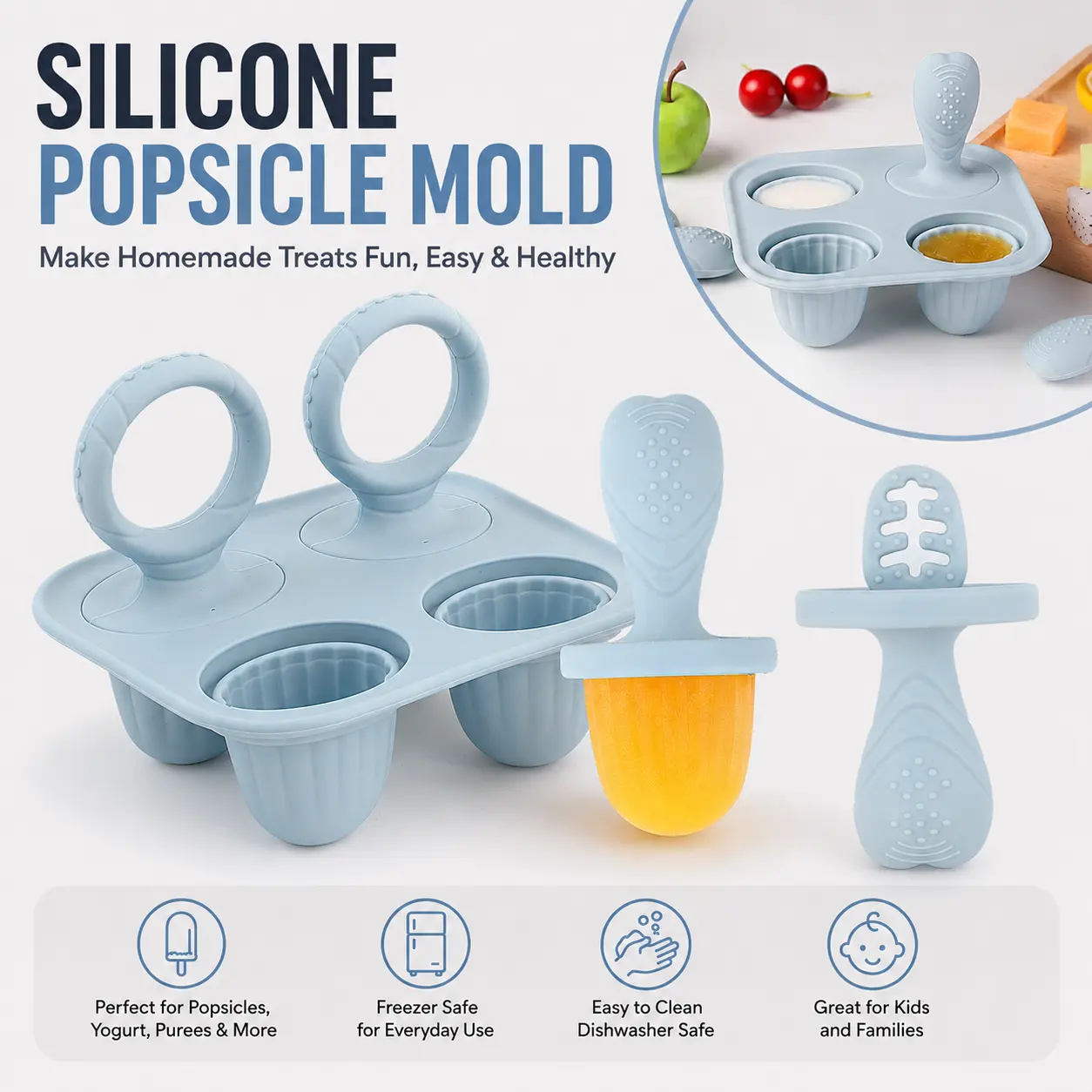 Silicone Ice Pop Molds Popsicles Molds Set of 4, BPA-Free Reusable Baby Ice Cream Maker, Easy Release Non-Toxic Material, Perfect for Kids' Snacks-YY0