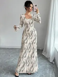 2026 Spring Summer European Style Elegance Chic Floral Print Square Neck Flared Long Sleeve Slim Fit Dress, Casual Unlined Midi Skirt