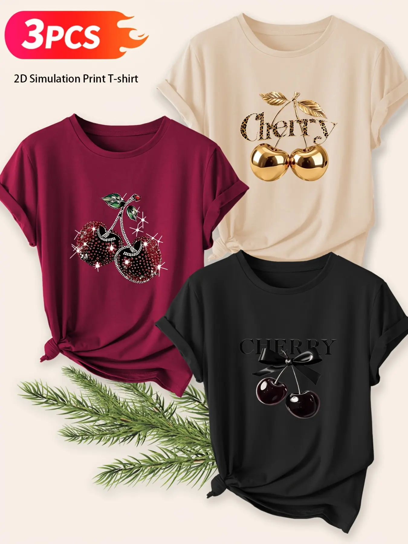 3-Pack Cherry Print Short Sleeve T-Shirts, Women's Round Neck Casual Sports Tees, All-Season Basic Tops, Ladies' Fashion Apparel
