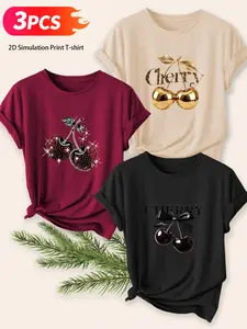 3-Pack Cherry Print Short Sleeve T-Shirts, Women's Round Neck Casual Sports Tees, All-Season Basic Tops, Ladies' Fashion Apparel