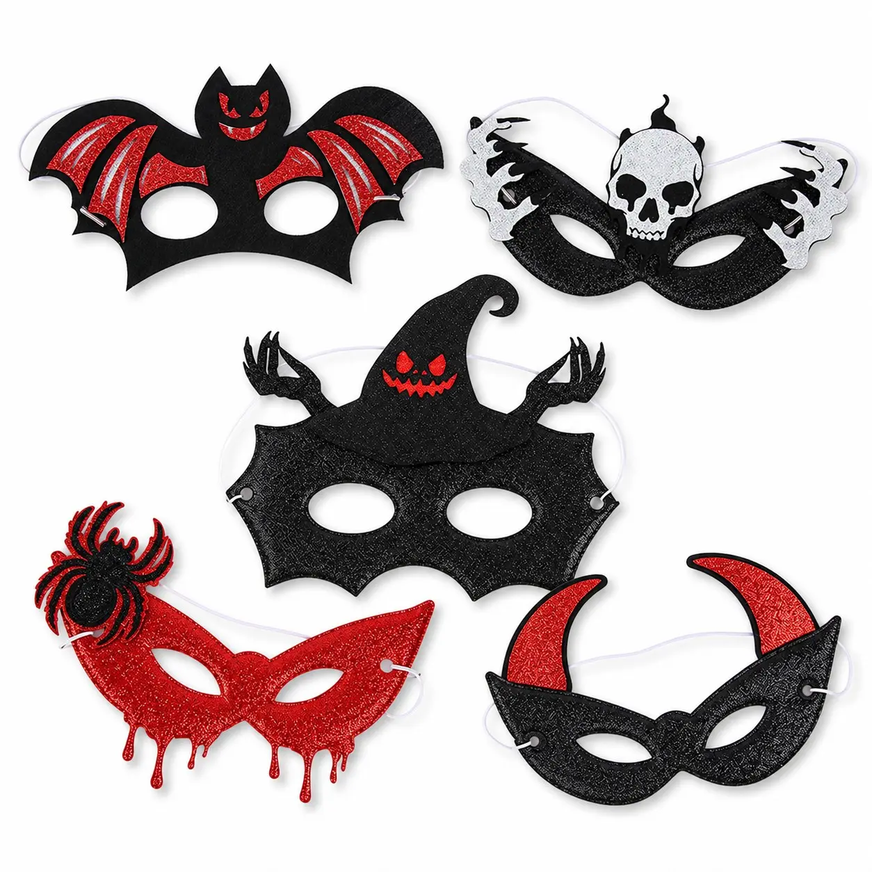 5-Piece Halloween Flashing Half Mask Set, Bat Skull Witch Spider Devil Horn Masks, Elastic Band, Party Role Play Costume Accessories
