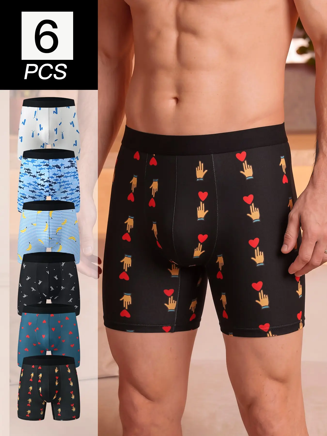 6Pcs-Pack Men’s Printed Long Leg Boxer Briefs, Breathable Stretch Underwear, No Ride Up Anti Chafing Athletic Trunks for Daily Wear Gym Running