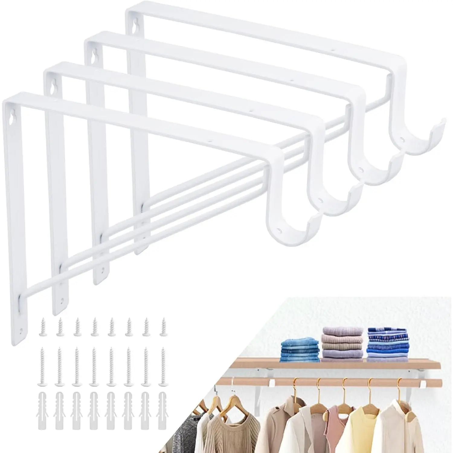 4 Pack Closet Rod Brackets, Heavy Duty Closet Shelf & Rod Brackets White Closet Rod Holders for 1-3/8” Dia Rod, 10.8” x 10.8” Closet Rod Support Bracket