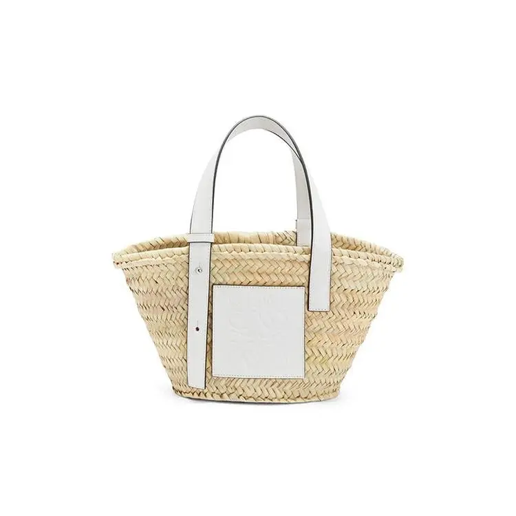 LOEWE Women's Handwoven Raffia Tote Bag - Anagram-Embossed Palm Leaf & Calfskin, Natural/White - Carry-All, Hand-Detailed, Wood-Handled, Culturally-Inspired, Expressive Women's Handbags, Carry-All Women's Handbags