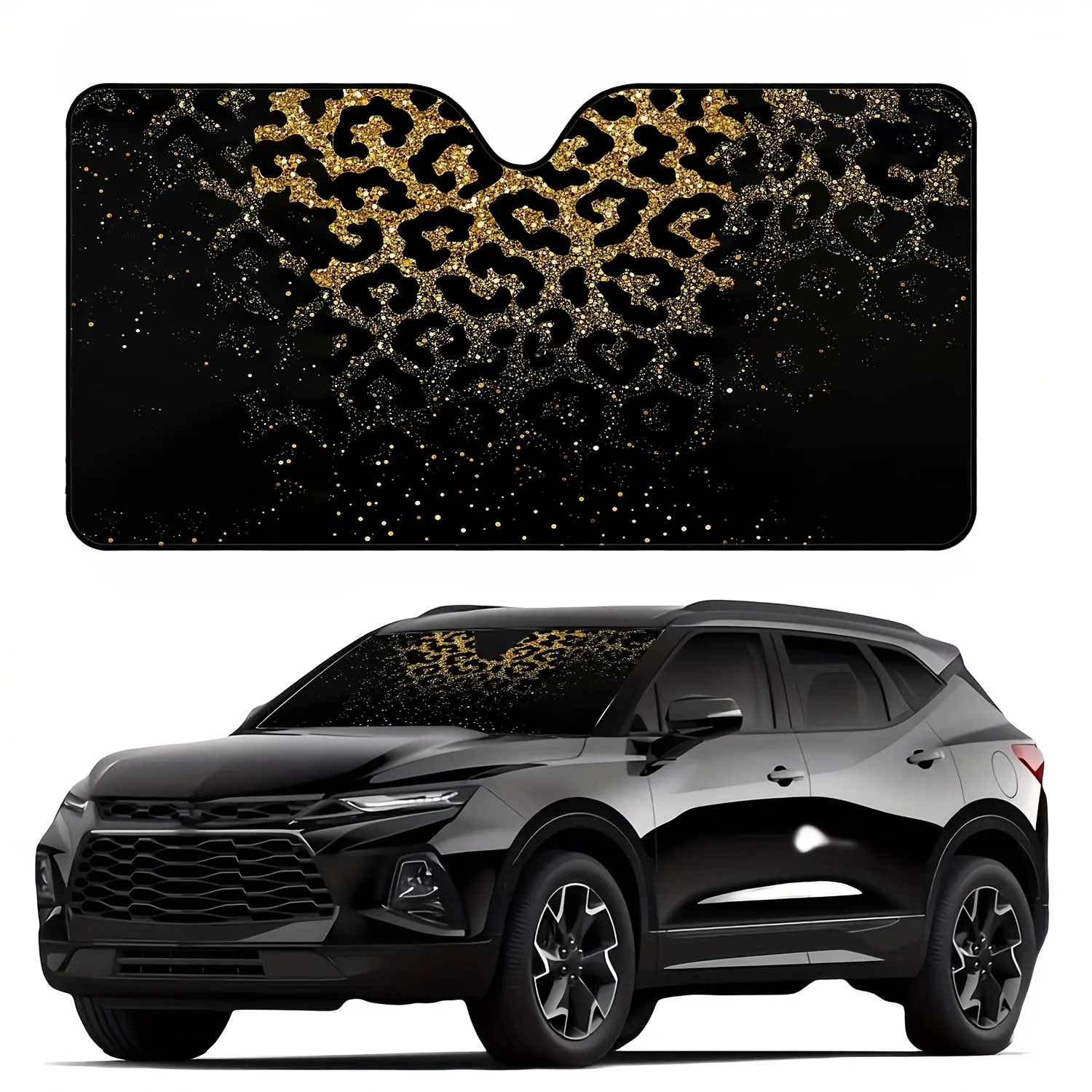 1pc, Leopard Print Car Windshield Sunshade, Car Window Shade, Car Sun Shades, with Golden-accented Printed Pattern, UV Protection, Stylish Design, Easy to Install, Foldable for Convenient Storage, Keeps Your Vehicle Cool, Ideal for Cars, SUVs, and Trucks