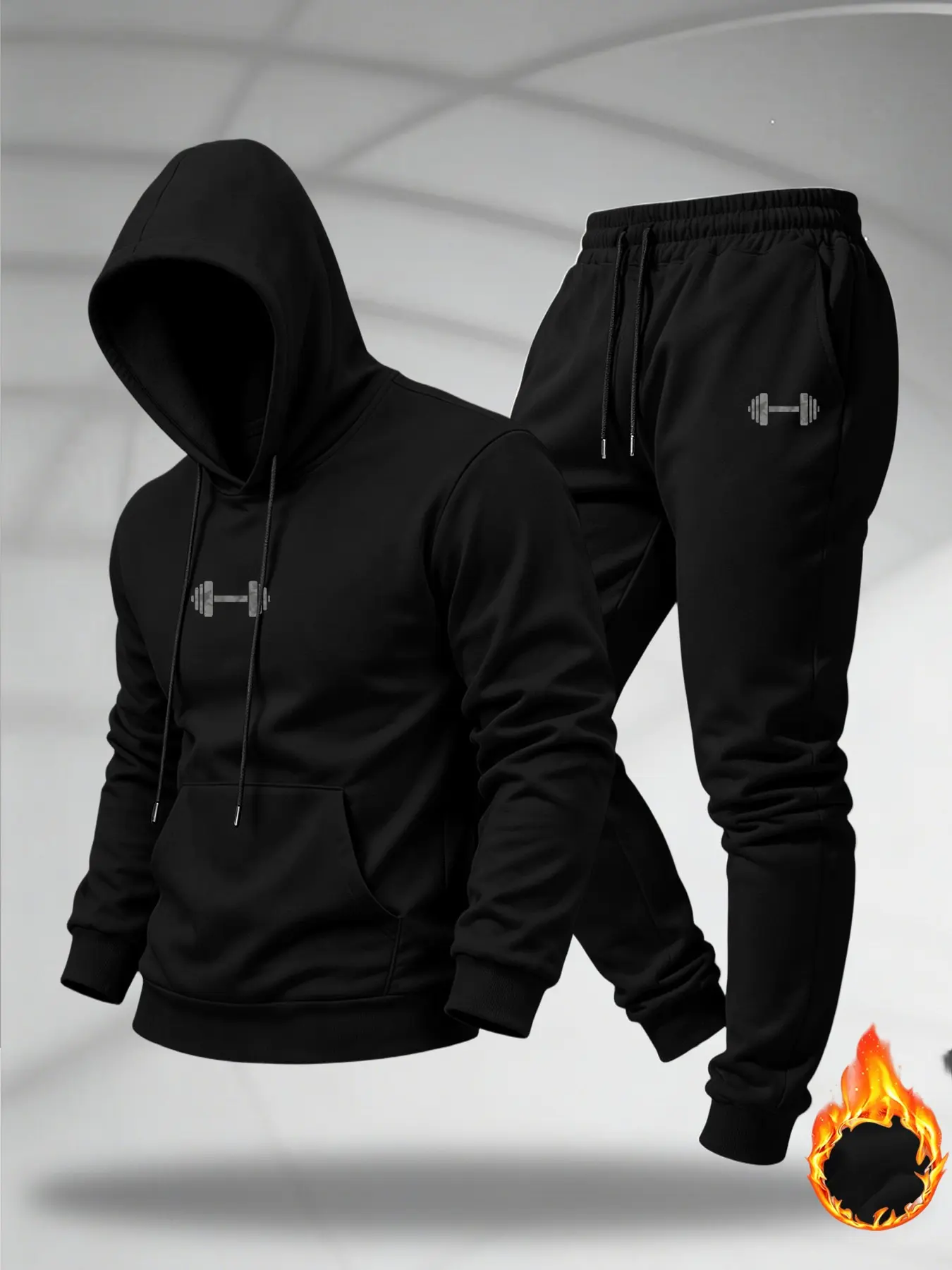 Men Fleece Warm 2‑Piece Tracksuit, Fitness Tracksuit, Dumbbell Graphic Print Drawstring Hoodie & Jogger Pants Set, Long‑Sleeve Hooded Sweatshirt For Gym Workout Daily Sports Wear