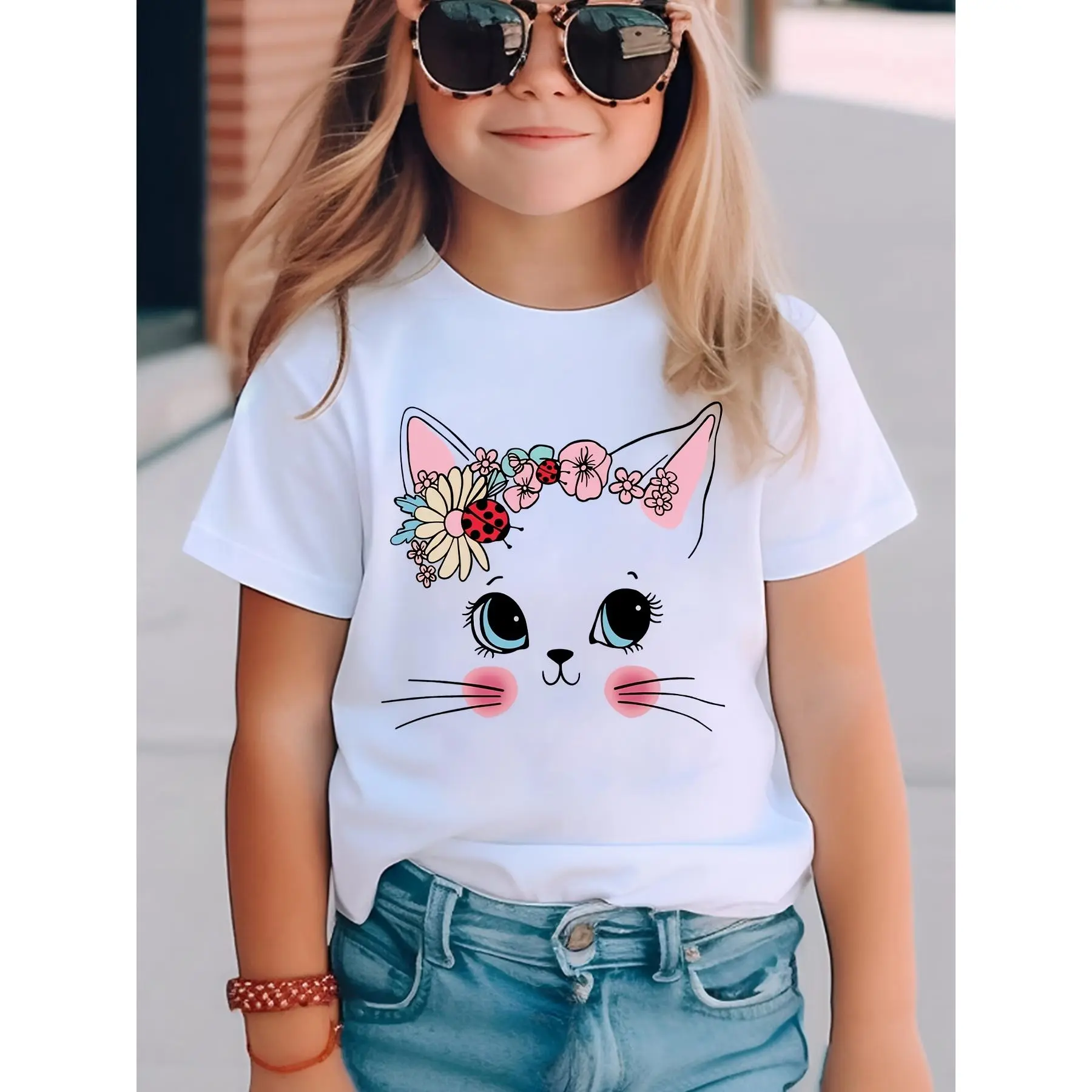 Women's Cute Cartoon Cat Graphic Crew Neck T-Shirt - Summer Short-Sleeve Unisex Cartoon Print Tee, Clothes for Girls (Girls Clothes for Kids)