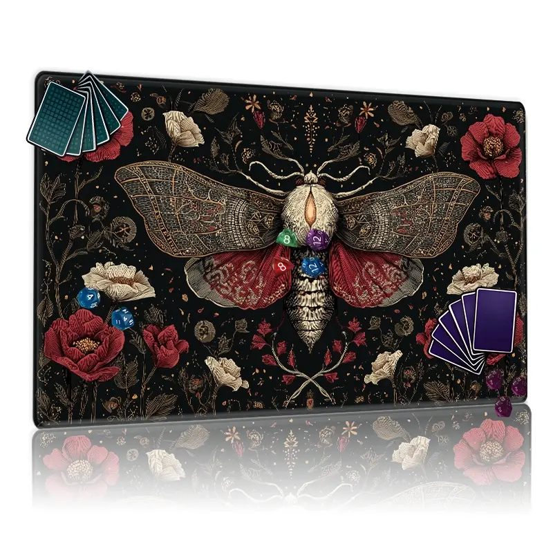 Gothic Whimsical Ornate Moth Red Poppies MTG Playmat - 12x24in Non-Slip, Vintage Illustration TCG Playmat for Board Game Enthusiasts, Family Gathering & Gift