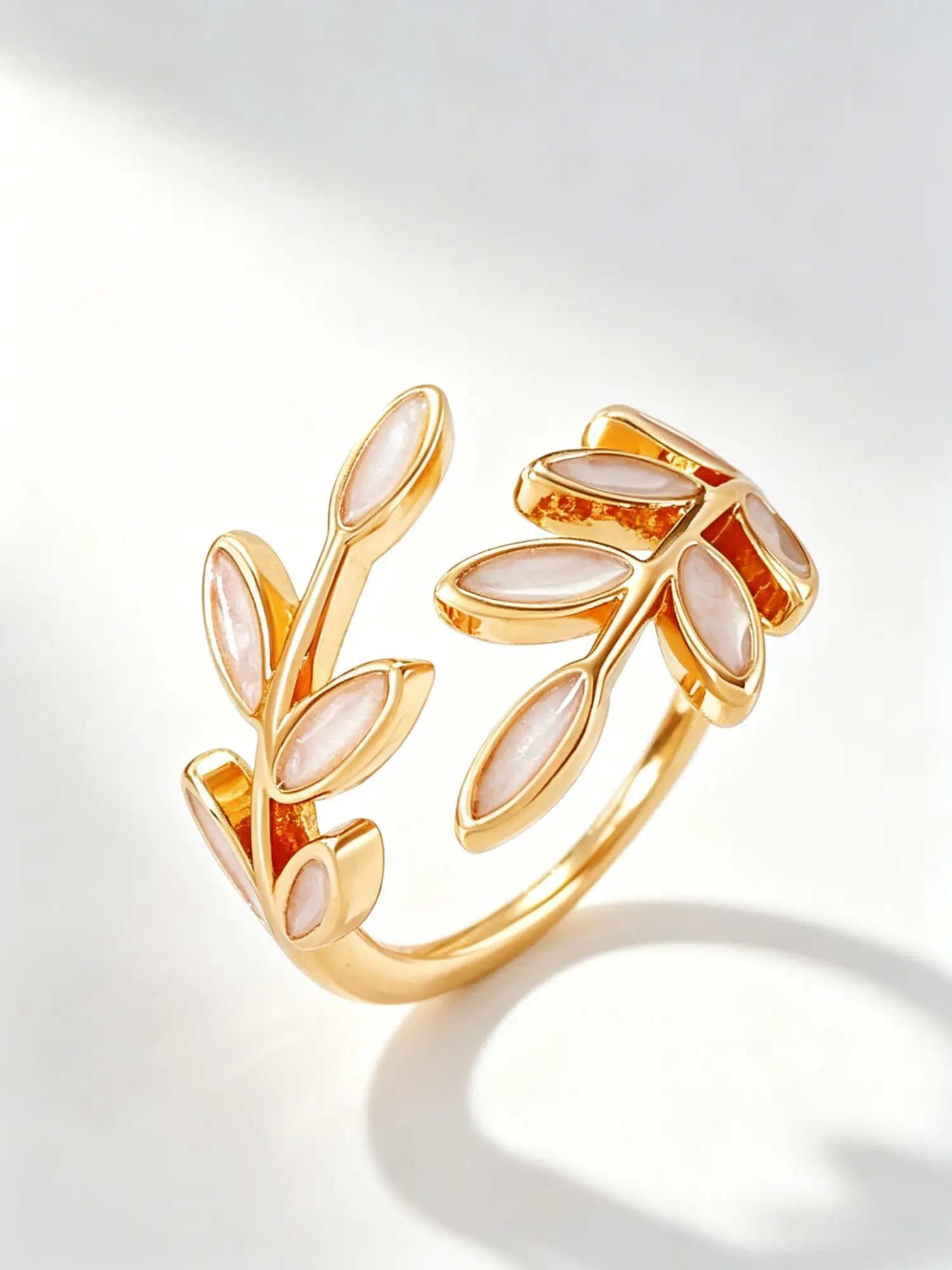 1 Pc Gold Plated Leaf Open Adjustable Olive Branch Vine Ring for Women, Fashion rings, White Blue Color Enamel Minimalist Rave Outfit Summer Music Festival Accessories Cottagecore Aesthetic Jewelry Birthday Gift for Her Soft Girl