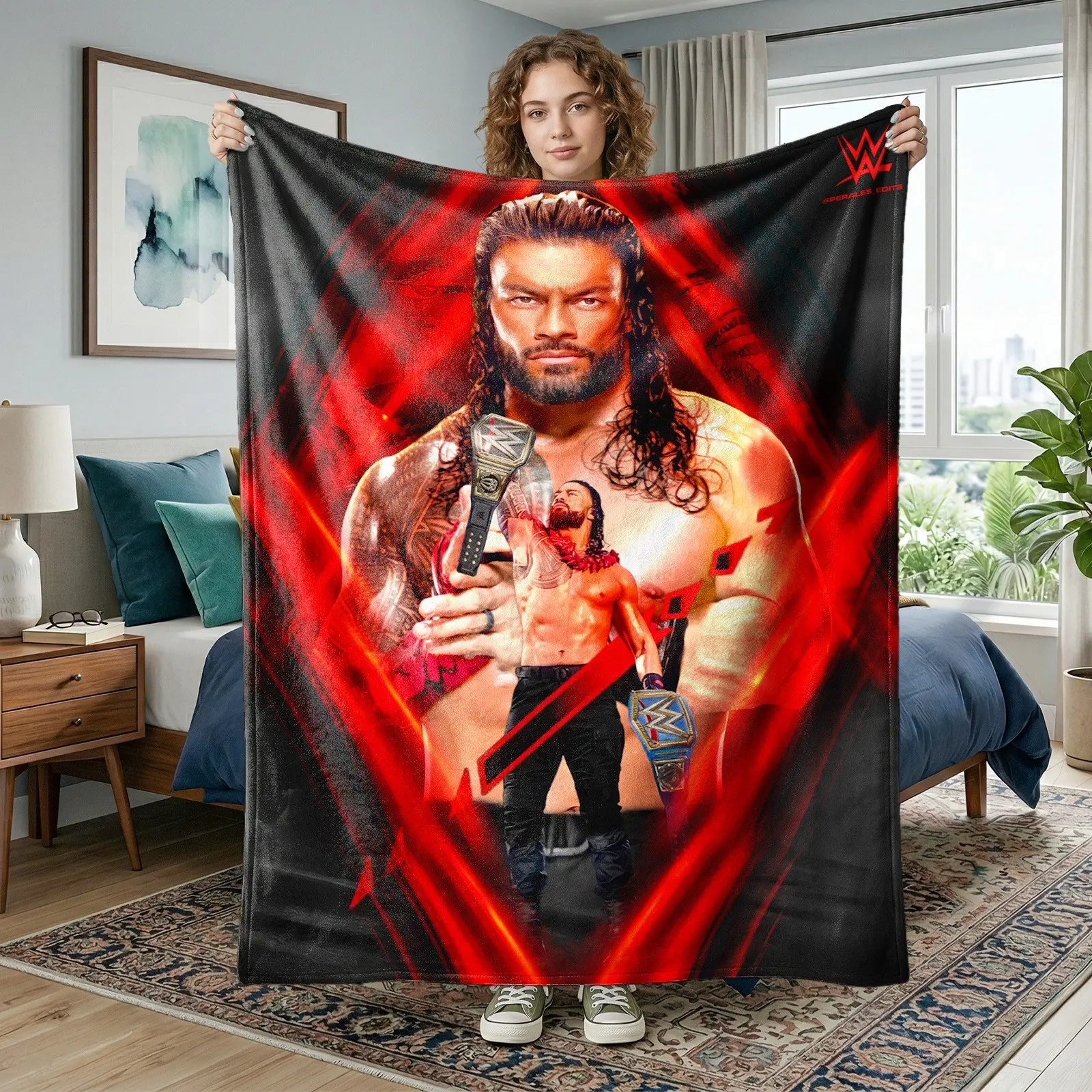 1pc Black Background Red Light Effect WWE Roman Reigns Tribal Chief Flannel Blanket, full printed with large portrait of Roman Reigns, full-body standing figure, black gold championship belt, blue border title belt, Samoan red flower lei, red diamond ligh