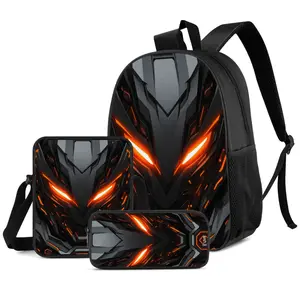 Cyberpunk Orange LED Mecha Backpack Set with Sci-Fi Robot Head Design, 3-Piece Set: Travel Backpack, Lunch Bag, and Pencil Case Combination. Durable everyday bag suitable for tech enthusiasts and daily commuting, ideal for teenagers
