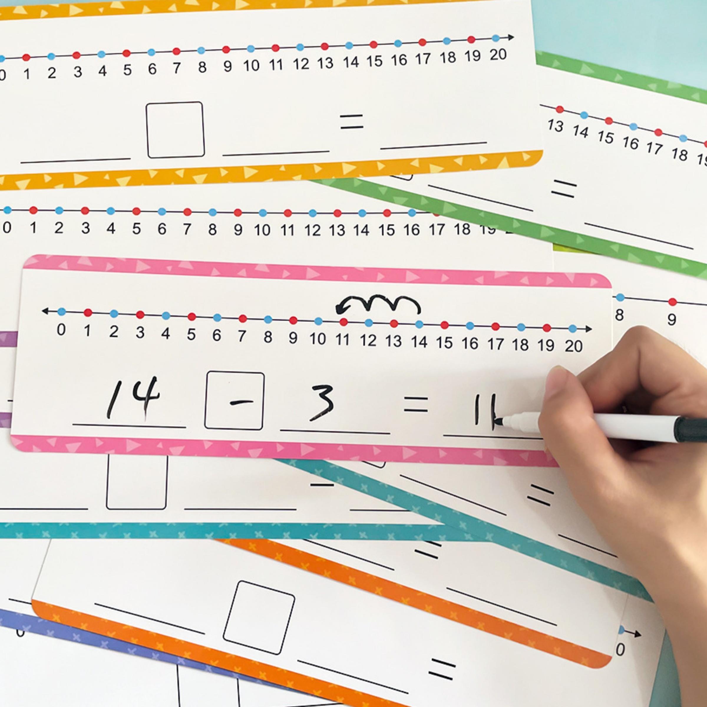 Math Addition and Subtraction Teaching Aids for Kids, 16 Writable Number Line Cards for 0-20 Practice, Includes 2 Erasable Markers, Math Learning Tools