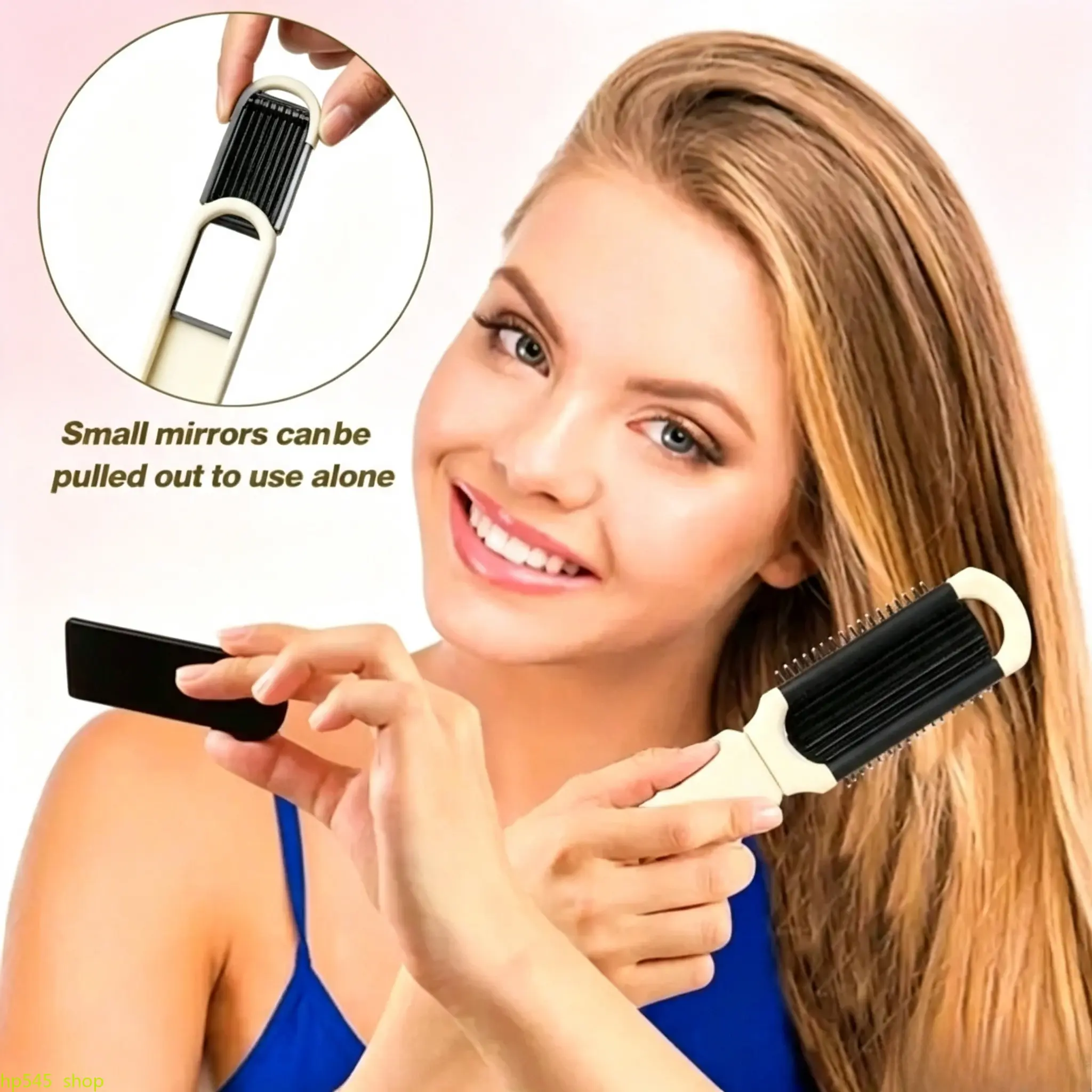 2-in-1 Foldable Air Cushion Hair Brush with Built-in Mirror, Compact Detangler for Scalp Massage and Travel Use