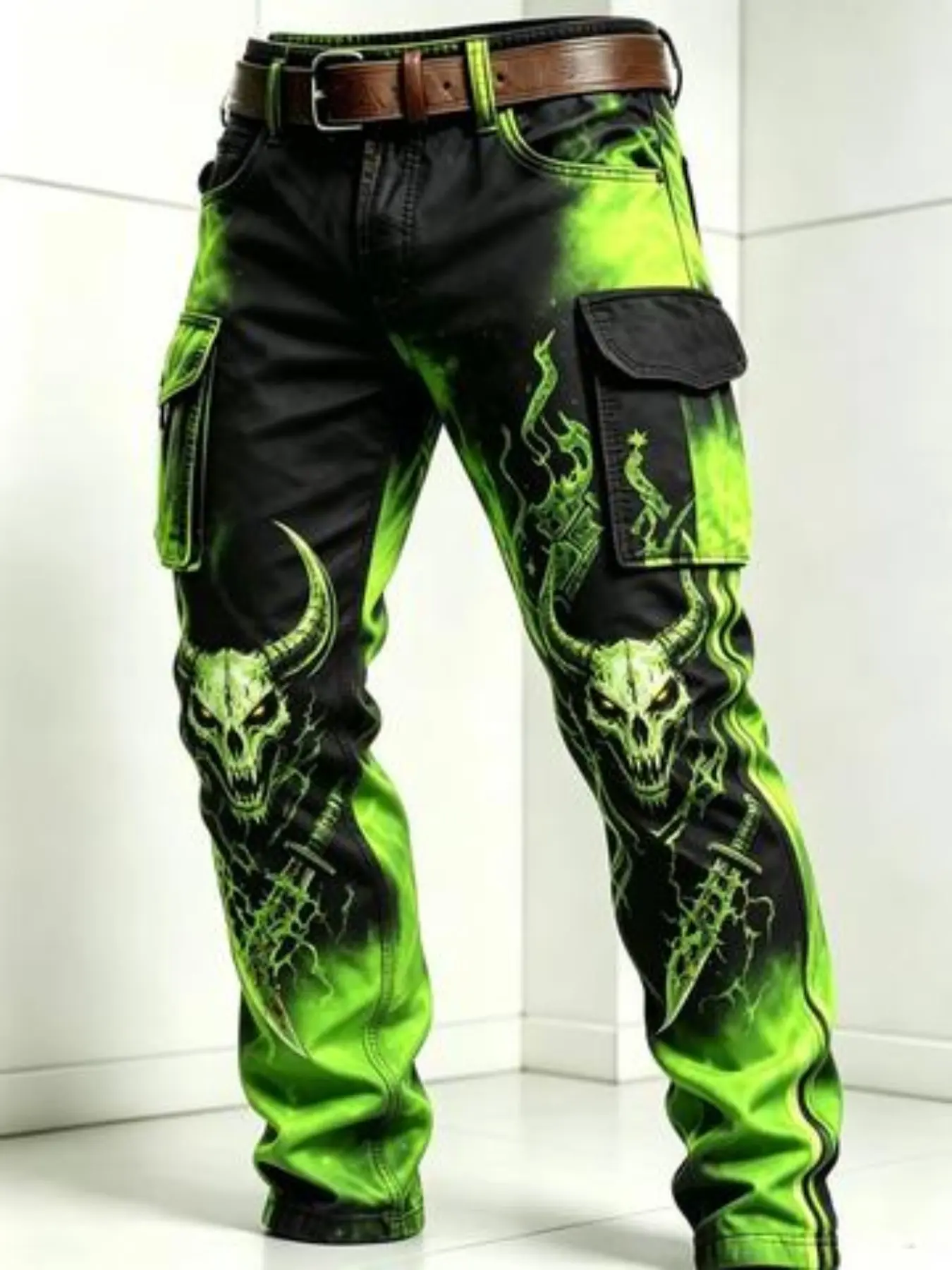 Men's Gradient Demon Skull Sword Print Cargo Pants, Gothic Punk Street Style, Slim-Fit Mid-Waist Long Trousers