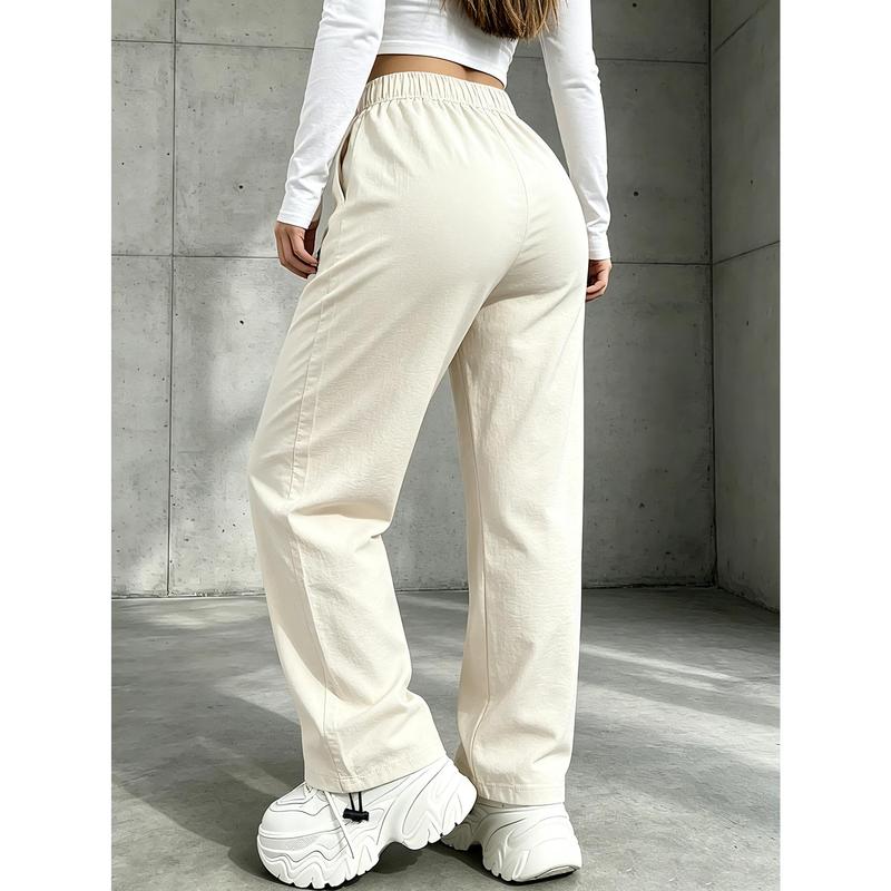 Women's 3-Pack Loose-Fit Full-Length Pants for Women, Beige Elastic Waist Double Drawcord Work Bottoms with Front Black Woven Label, Wrinkle-Resistant Soft Fabric Female Exercise Joggers for Hip-Hop Streetwear