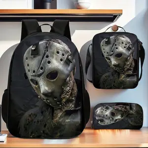 3pcs Jason Voorhees Backpack Set - Large Capacity Book Bag, Handbag & Pen Case, Durable Polyester Lining, Adjustable Shoulder Straps, Zipper Closure, Perfect for School, Commuting & Travel, Backpack for Travel, Commuting Gear