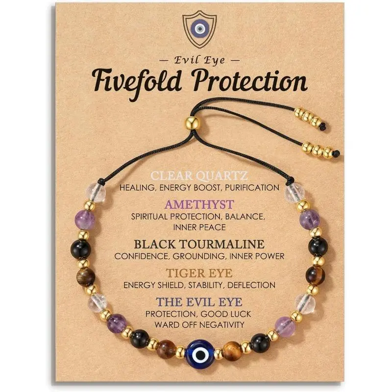Dainty Evil Eye Bracelet with Genuine Stones, Meaningful Crystals - Adjustable Handcrafted Spiritual Jewelry with Natural Clear Quartz, Amethyst, Black Stone, Tiger Eye, Gift with Meaning Card