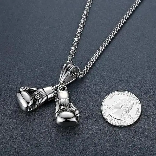 Boxing Gloves Pendant Necklace in Stainless Steel, Sporty Inspirational Jewelry for Strength & Daily Resilience, Sporty Necklaces, Fighting, Power, Perseverance, 24-Inch Wheat Link Chain, Metal Coating, Unisex, Casual