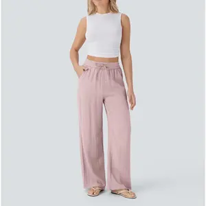 High Waisted Drawstring Pocket Wide Leg Casual Linen-Feel Pants