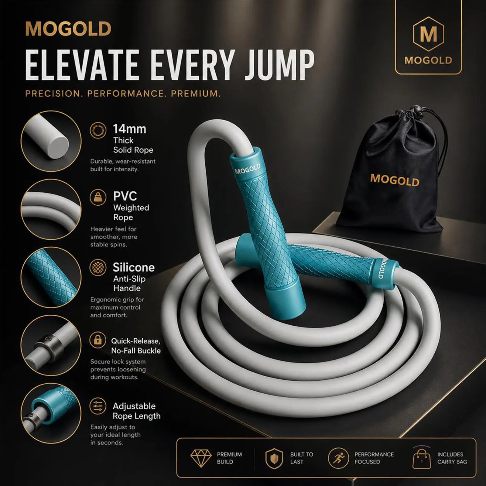 Professional Weighted Jump Rope by Mogold, Durable 14mm PVC Cord, Ideal for Intense Workouts, Enhance Your Fitness Routine, Fitness Skipping Rope