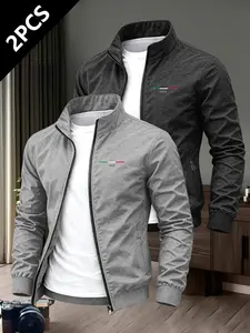 2-Pack Men's Italian Flag Print Stand Collar Jacket, Durable Casual Zipper Outerwear, Business Style Outdoor Sports Coat, Perfect Gift
