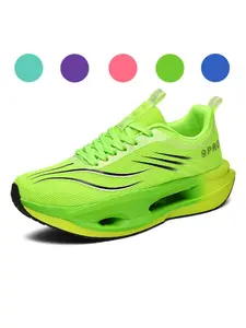 Unisex Fluorescent Green Gradient Mesh Running Shoes, Platform Non-slip Wear-resistant Professional Racing Sneakers