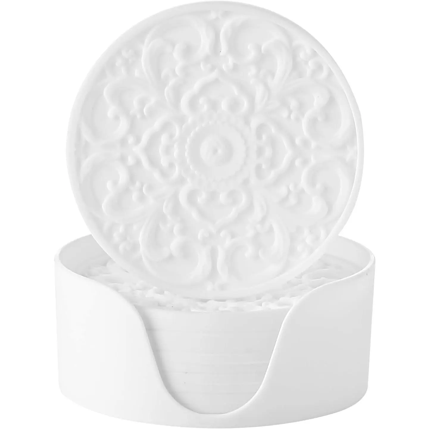 Silicone Coasters - Set of 6 with Holder, Non-Slip Cup Mats for Hot and Cold Drinks, Decorative Designs, Gift Ready Packaging, WhiteGift