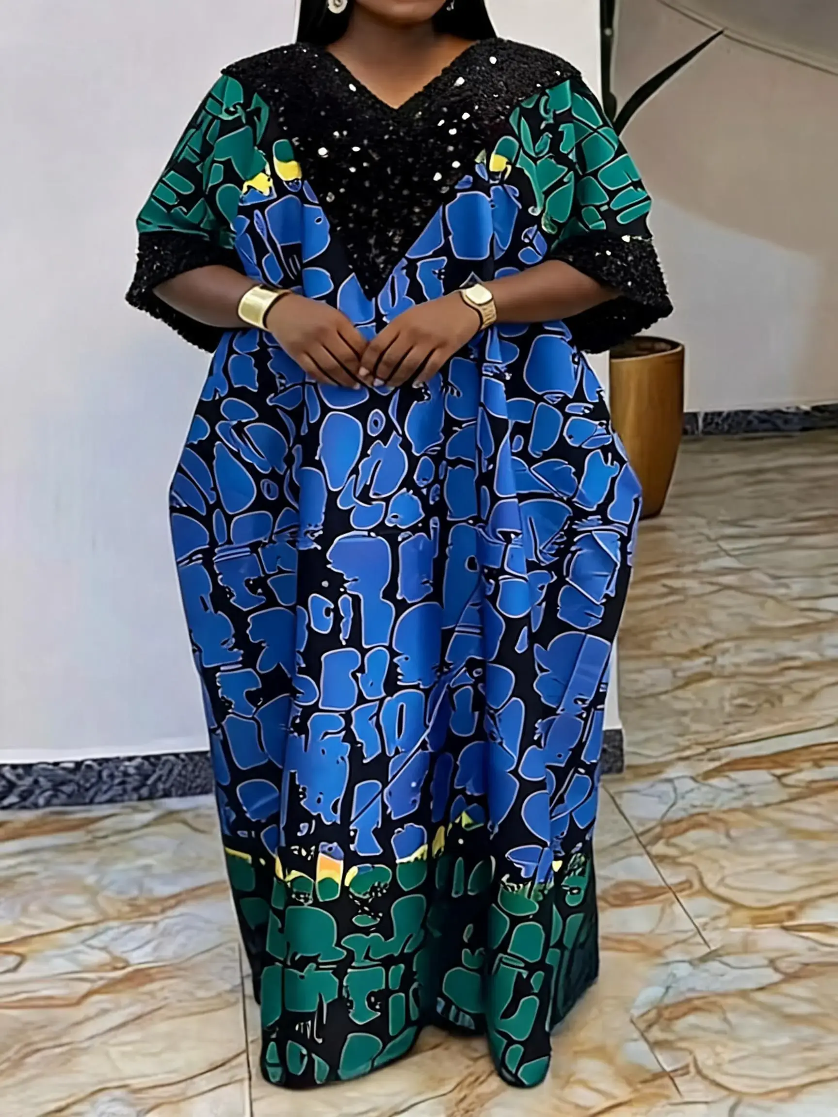 2026 New Fashion Dress Caftan Middle Eastern Muslim Loose High-Quality Ethnic Elegant African Style Sequin Short Sleeve Women's Printed Headscarf Dress Kaftan Dress Muslim Women Gowns Islamic Modesty Clothes Modest Muslim Clothing Muslim Dresses