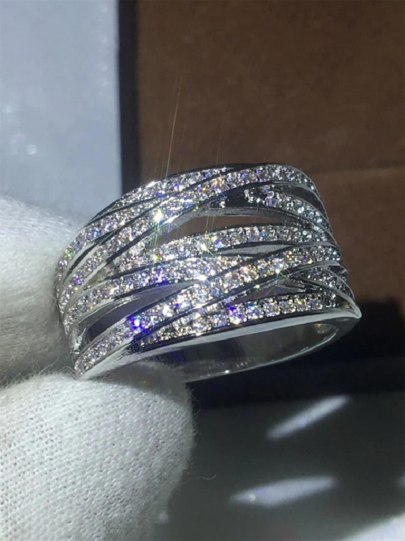 Women's Elegant Rhinestone Decor Wide Promise Ring, Exquisite Trendy Engagement Ring, Chic Gorgeous Jewelry As Gift for Girlfriend, Gifts for Her, Fashion Engagement Rings