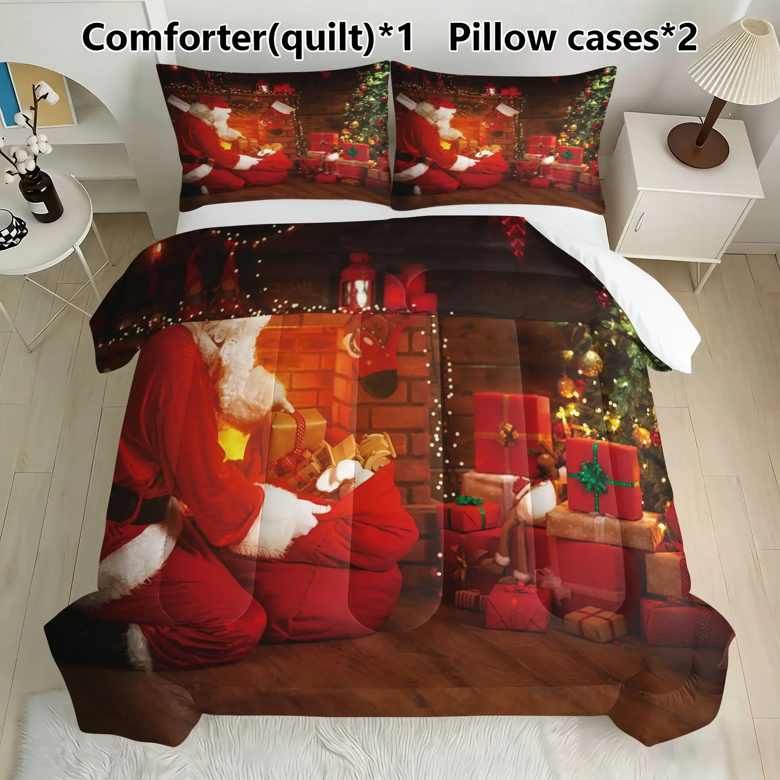Vintage Santa Claus Fireplace Bedding Set, 1 Comforter + 2 Pillowcases, Warm Rustic Christmas Gift, Cozy Holiday Bedroom Decor