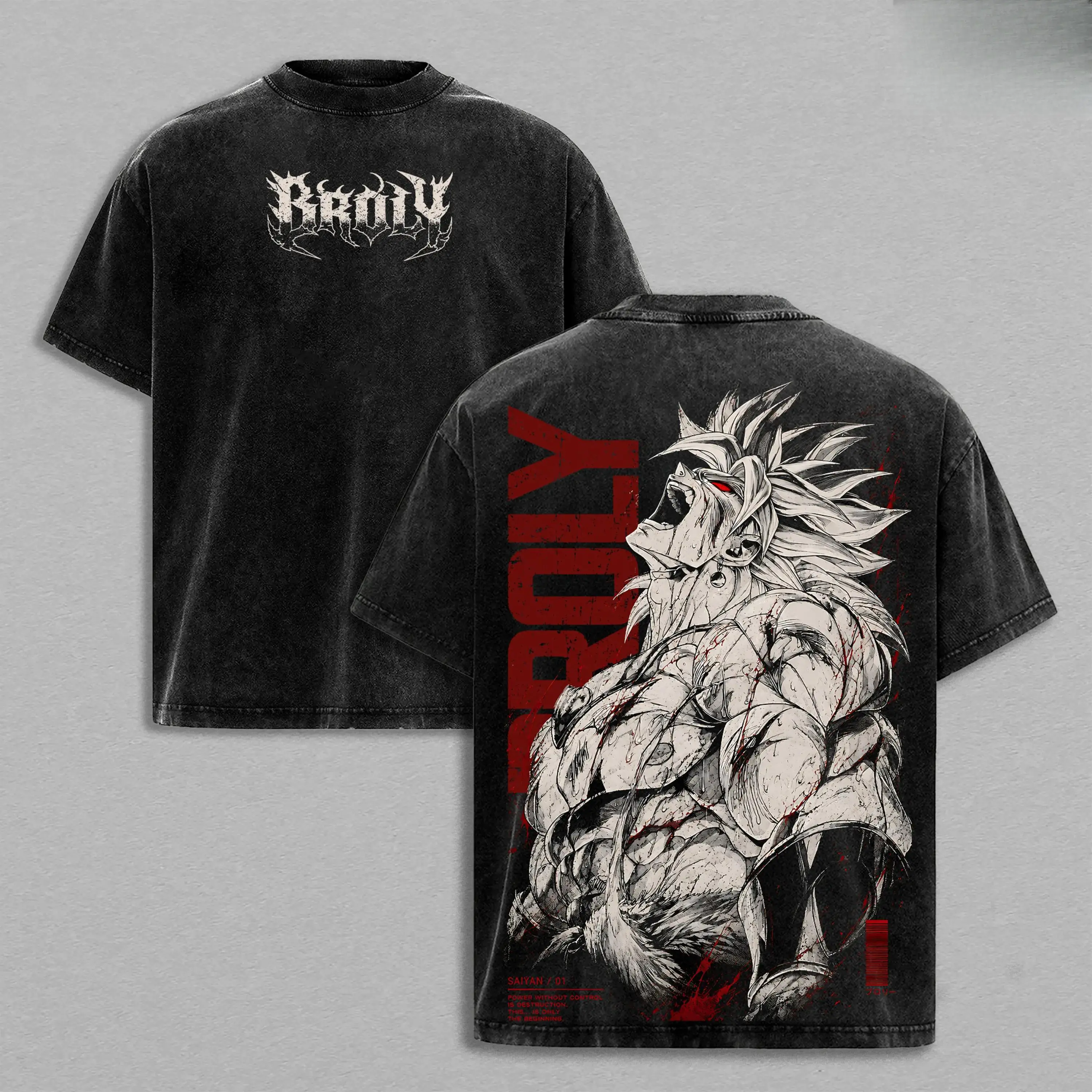 Men's Oversized Broly DBZ Washed Short-Sleeve Round Neck T-Shirt - Super Saiyan Berserker Anime Graphic Double-Printed Heavy Cotton Unisex Streetwear Vintage Battle Beast Top