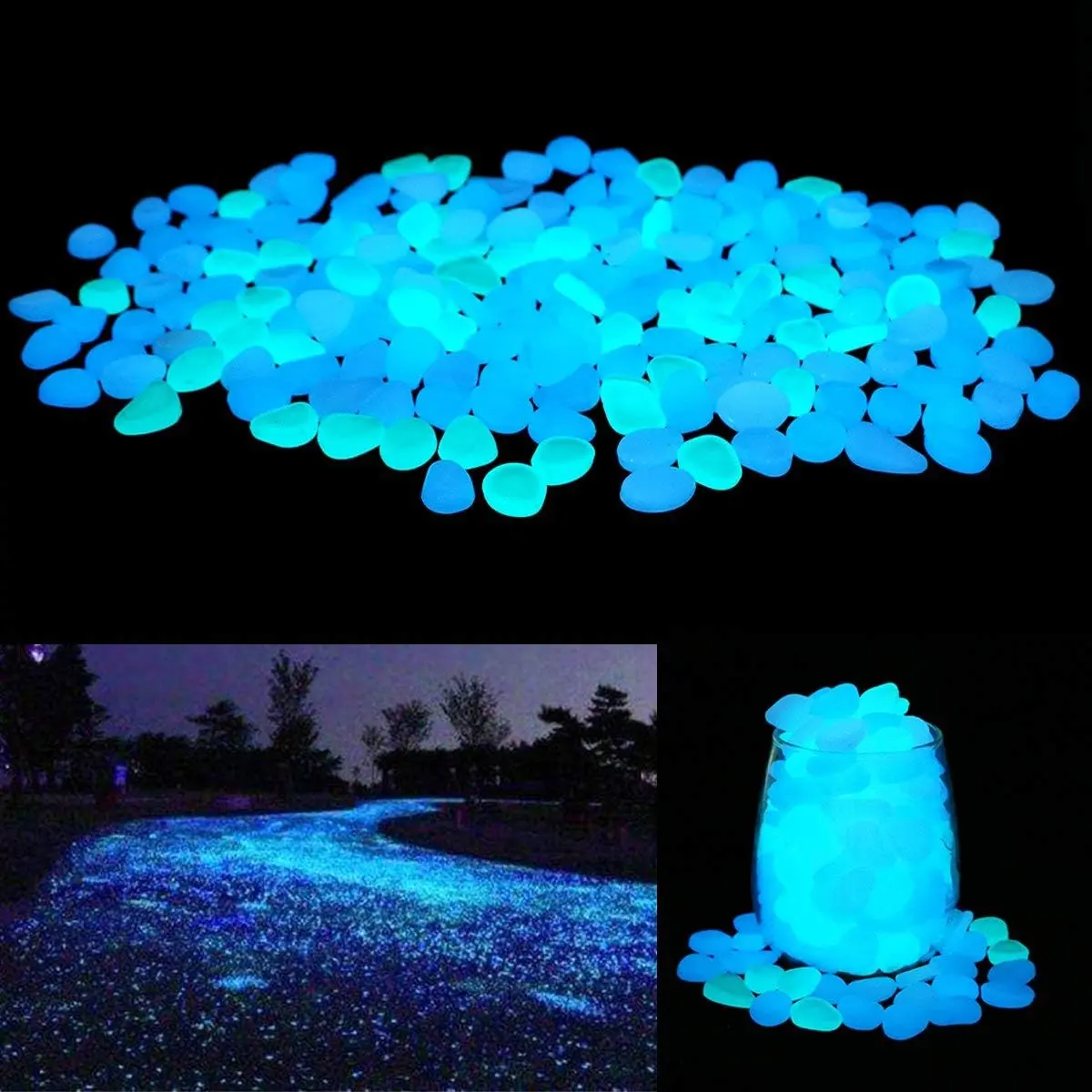 Glow in The Dark Garden Pebbles Stones Rocks  Yard and Walkways Decor, DIY Decorative Luminous Stones in Blue (200 PCS)