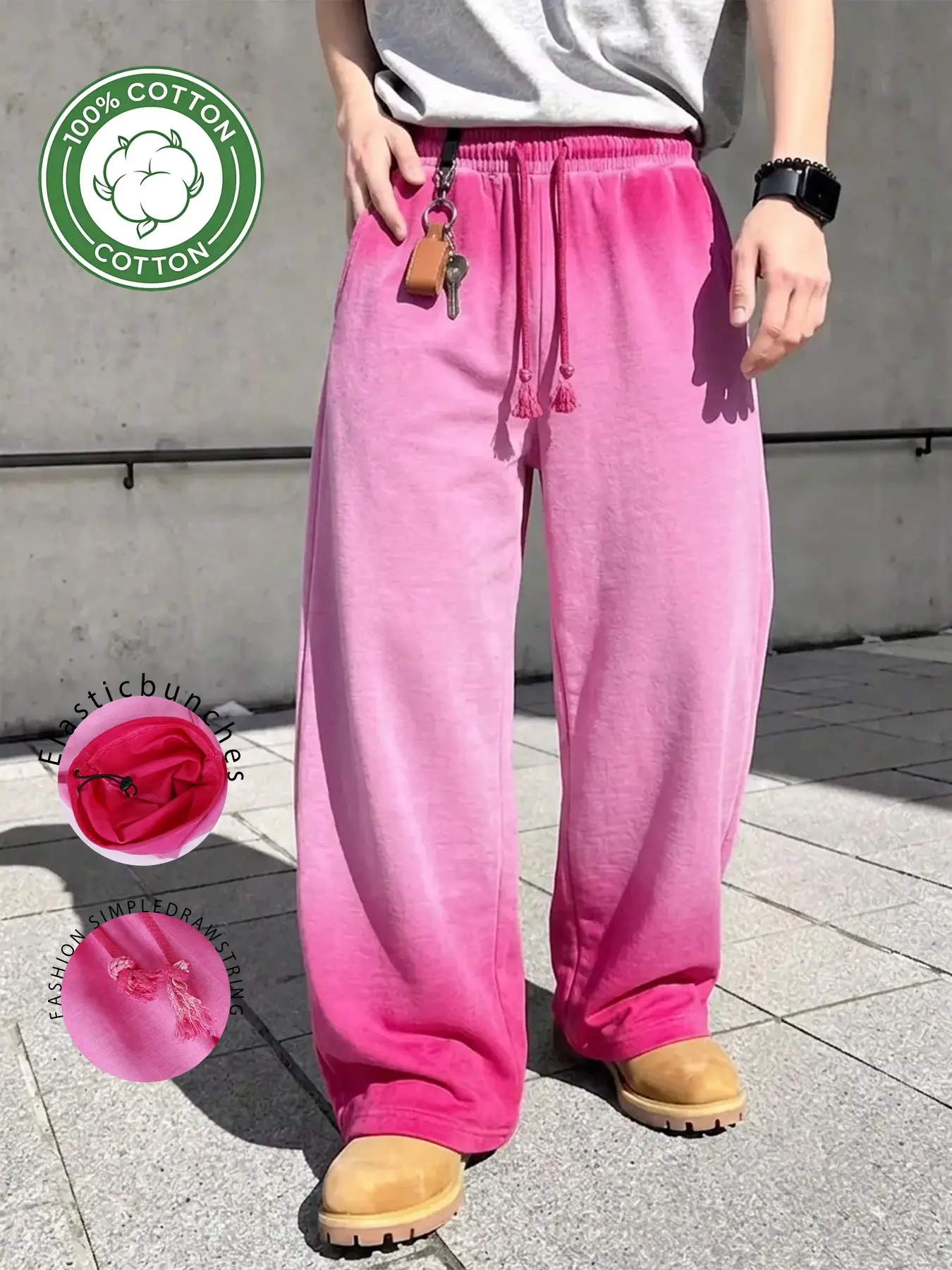 100% Cotton Gradient Washed Wide-Leg Sweatpants, Y2K Vintage Faded Men's Tassel Drawstring Elastic High-Waist Draped Baggy Trousers, Multi-Wear American Street Joggers, Perfect for Gym, Commute, Campus, Skateboarding, Camping, Daily Outings & Casual Dates