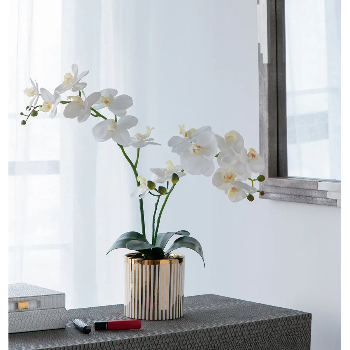 [Fahuac] Fake White Orchid in Gold Striped Pot, 20.5" Faux Phalaenopsis Decor, Realistic Artificial Flower Arrangement for Tabletop, Centerpiece.