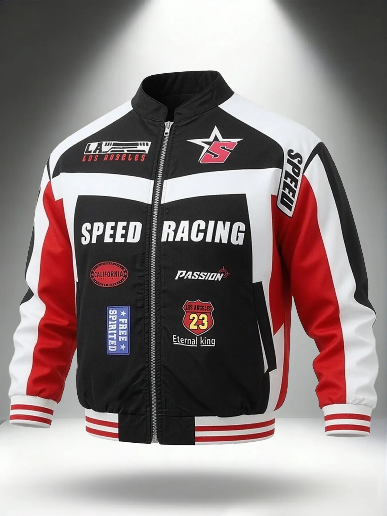 Men's Patchwork Racing Baseball Jacket, Multiple Badges La Speed Motorcycle Street Style Coat, Casual Long Sleeve Loose Fit Jacket