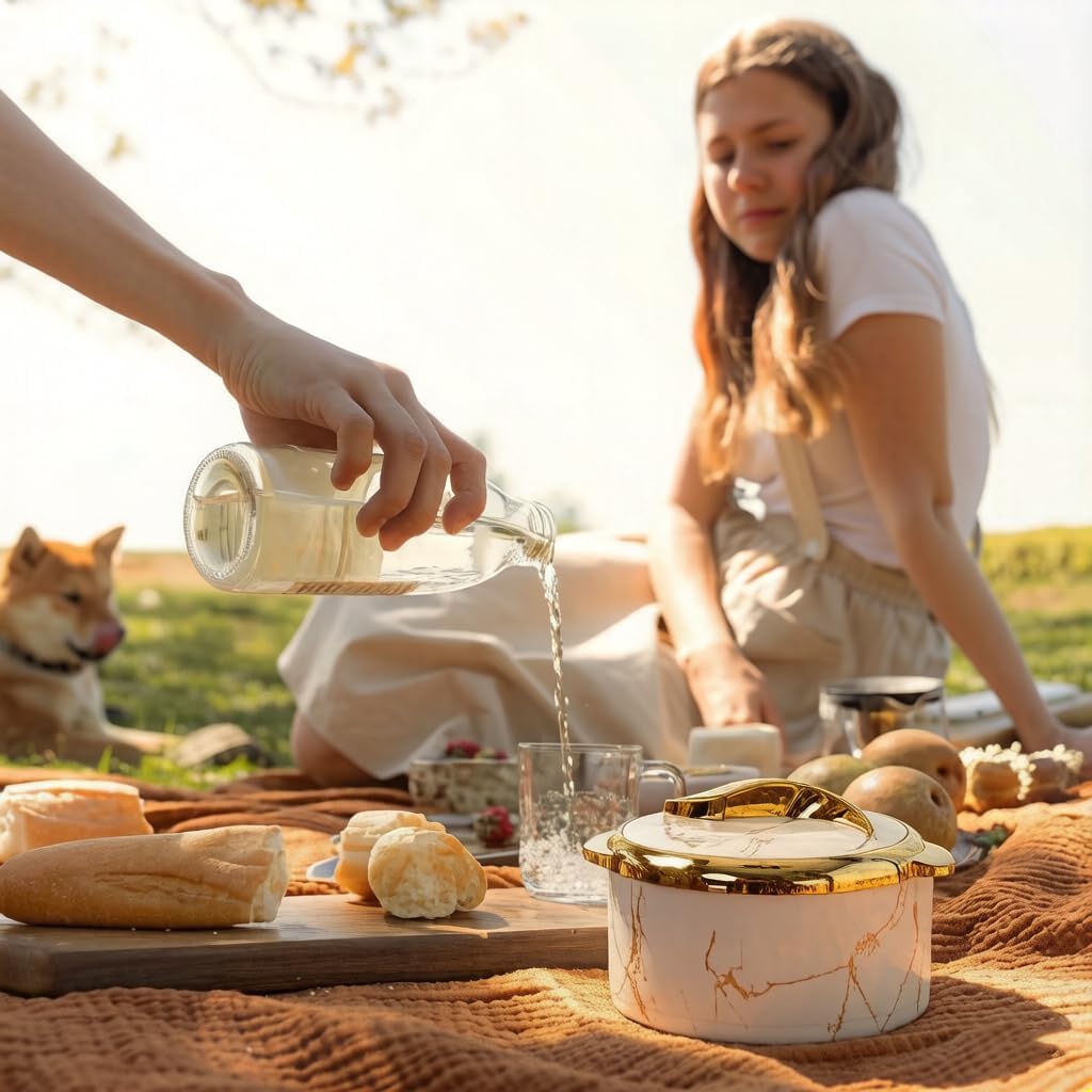 3-Piece 1.6L/2.1L/2.6L Thermal Casserole Dish Set with Lids,Stainless Steel Bowls for Hot Cold Food Insulated Serving Bowl for Buffets Parties Picnics Camping(White Marble)