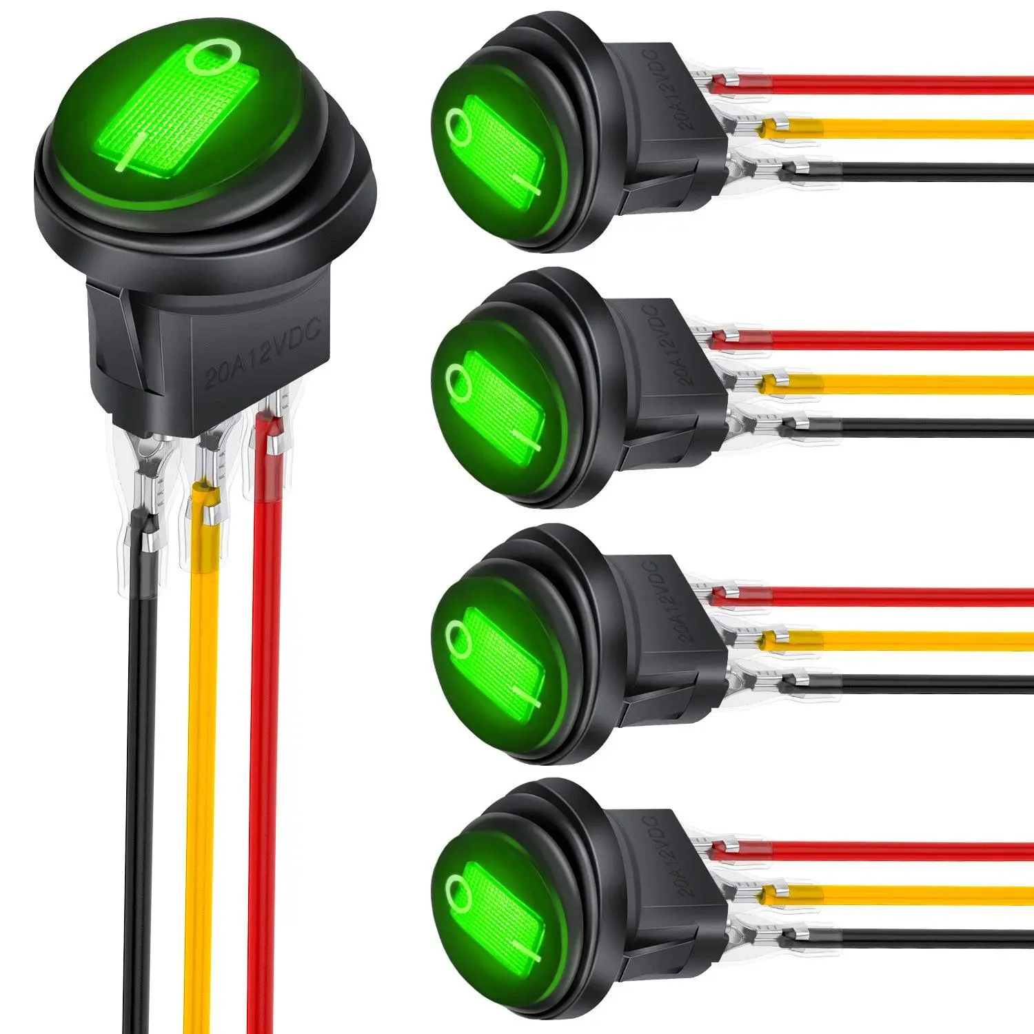 Nilight 5Pcs Waterproof Round Rocker Switch - Green LED, 12V 20A Rating, 3-Pin SPST On/Off Control, Plastic Metal Locked Terminal Wires for Car Truck Marine Automotive Use, Outdoor Safe